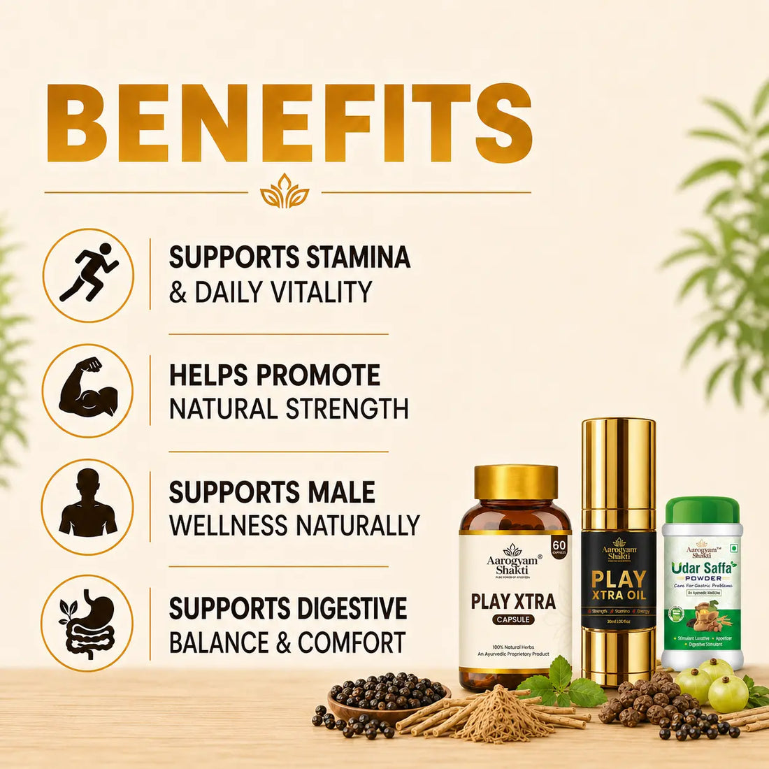 Play Xtra Capsule + Play Xtra Oil + Udar Saffa Powder Combo – Ayurvedic Stamina, Energy & Digestion Care